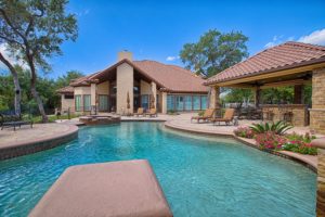 new backyard destinations include pool, sitting areas, covered outdoor living room, bar, kitchen encourage homeowners to be outside